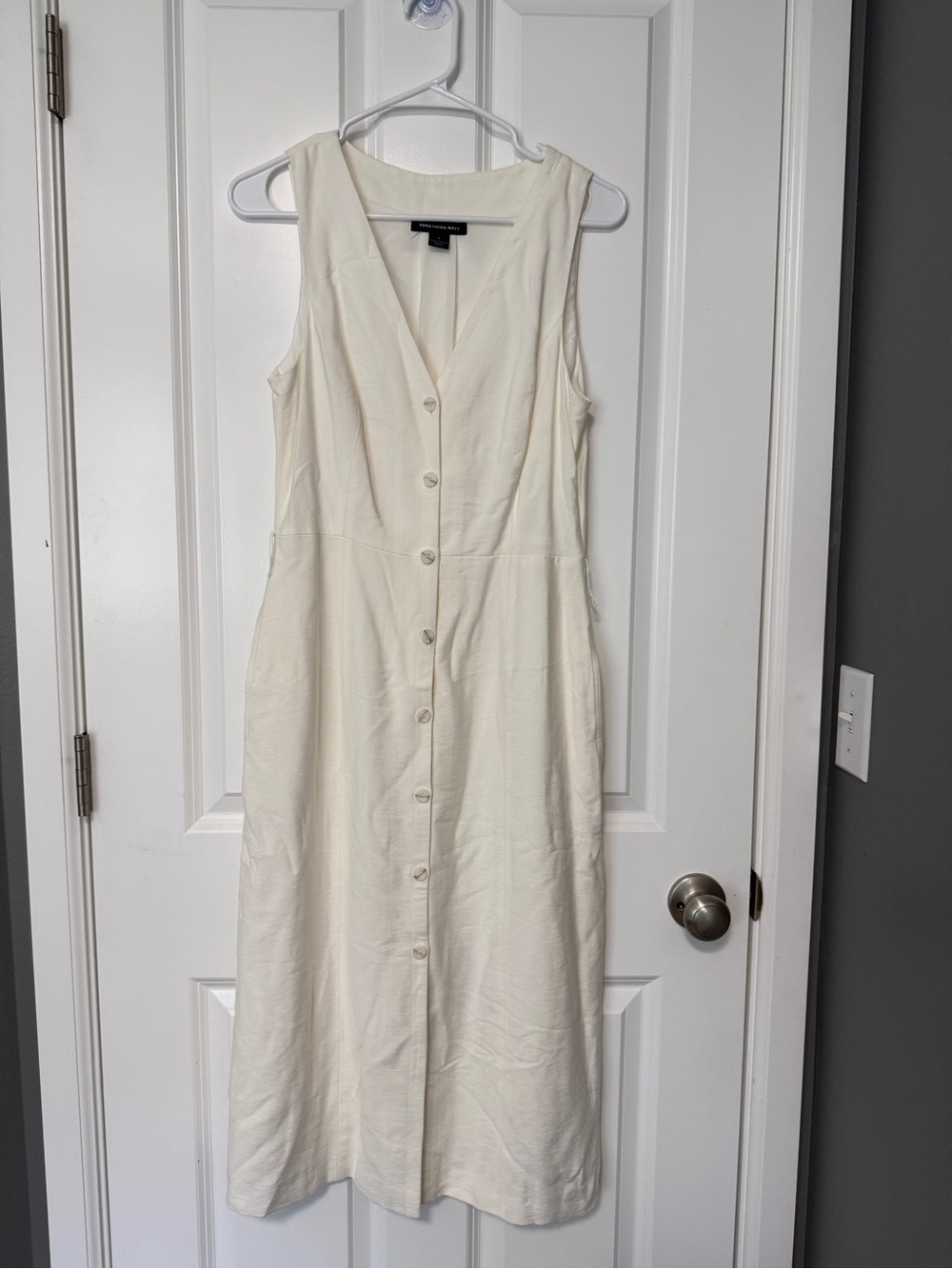 Something Navy Cream Button-Front V-Neck Midi Dress